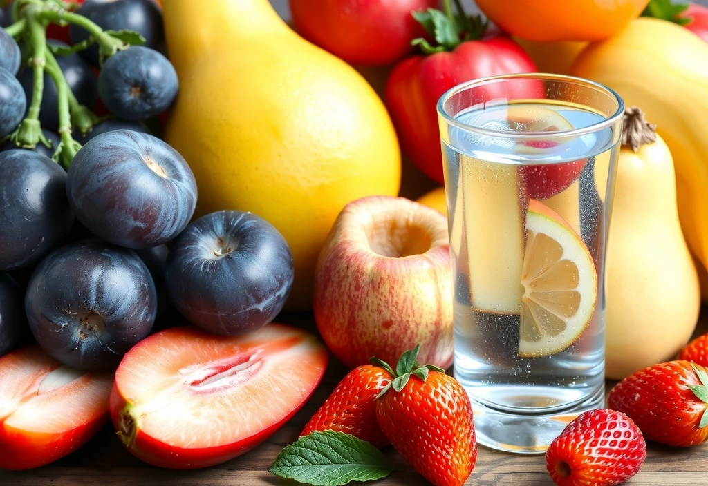 Frutas frescas y un vaso de agua, simbolizando hidratación y nutrición