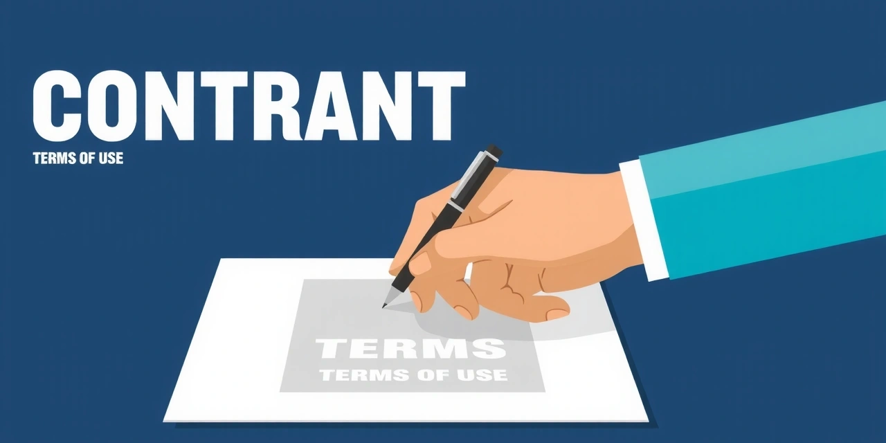 Ilustración de un contrato digital con un bolígrafo y una mano firmando, representando el acuerdo de términos de uso.