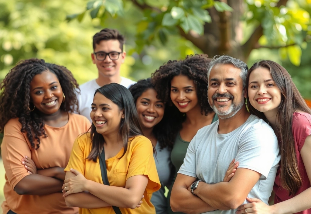 Grupo de personas sonriendo y colaborando, representando una comunidad saludable.