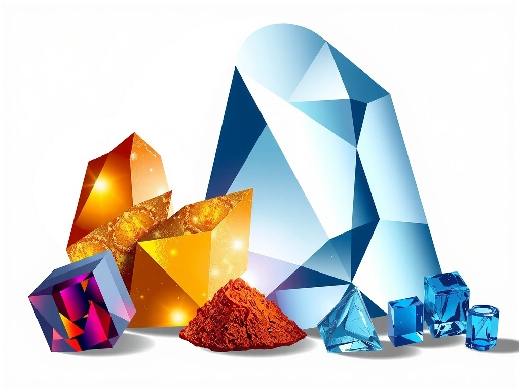 Ilustración de varios minerales como magnesio, zinc y hierro, con un brillo sutil que indica su importancia.