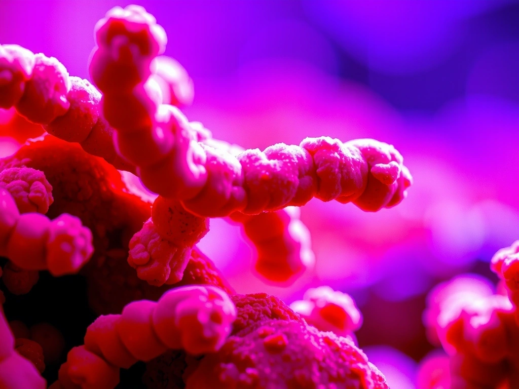 Representación microscópica de bacterias probióticas amigables en un intestino sano, con colores vivos.