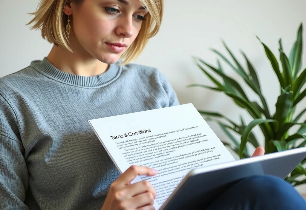 Mujer leyendo términos y condiciones en una tablet con un fondo natural